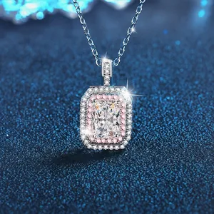 925 Sterlingsilber Moissanit Anhänger Halskette Für Damen Radiant Cut Rechteck Rosa Weiß Doppel Halo Schmuck Geschenk GRA Zertifikat