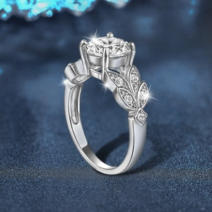 925 sterling silver leaf ring with round moissanite and delicate sparkling accents