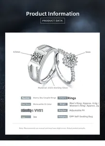 Detailed chart of adjustable S925 sterling silver couple rings with Moissanite stones