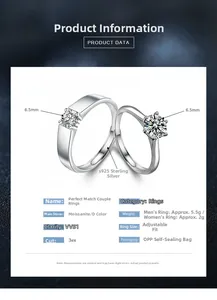 Detailed view of adjustable S925 sterling silver couple rings with six-prong moissanite
