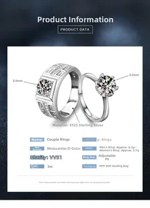 Detailed specs of s925 silver moissanite couple rings with adjustable band and D color stones