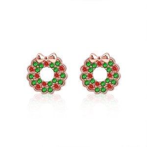 Christmas wreath stud earrings in 925 sterling silver with red and green zircon crystals