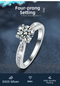 Macro shot of s925 silver ring featuring four-prong moissanite setting and side stones