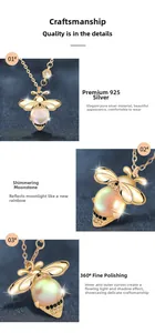 Macro detail of 925 sterling silver bee pendant with moonstone and 360-degree polishing
