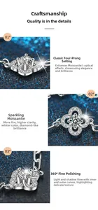 Macro detail of S925 sterling silver four-leaf clover bracelet with Moissanite 4-prong setting