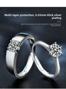 Macro detail of 925 silver rings with six-prong moissanite and thick plating