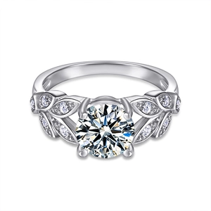 Elegant 925 sterling silver leaf ring with a large round-cut moissanite center stone
