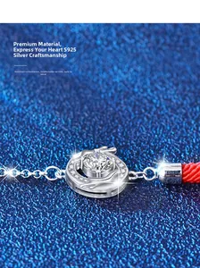 Macro view of S925 sterling silver red cord bracelet with moissanite pave setting