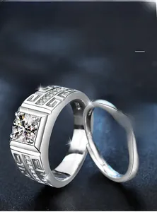 Detail of 0.03mm silver plated couple ring set with square and round moissanite stones