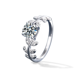 Elegant s925 sterling silver moissanite ring with vine leaf design and round center stone
