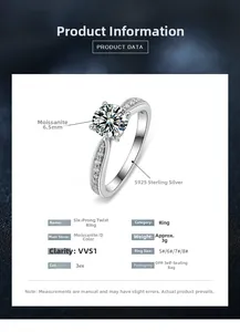 Detailed specs of S925 silver ring with 6.5mm moissanite and twisted band design