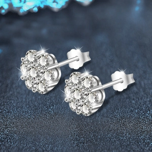 S925 sterling silver moissanite stud earrings in a sparkling floral cluster design