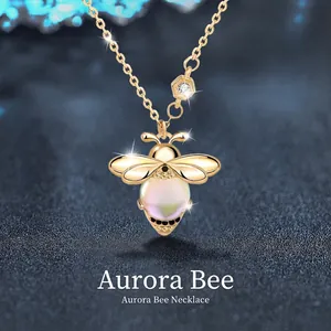 925 Sterling Silver Moonstone Bee Pendant Necklace For Women Elegant Gold Plated Zirconia Inlaid Animal Jewelry Aurora Necklace
