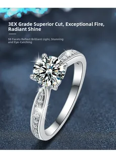 Macro detail of 3EX cut moissanite ring with four-prong setting and 58 sparkling facets