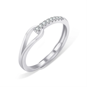 Minimalist 925 silver moissanite open ring with geometric pavé stones on white background