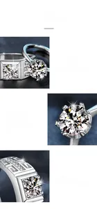 Macro detail of six-prong set moissanite ring with geometric textured silver band