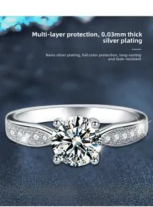 Detail of four-prong silver ring with moissanite and multilayer protective plating