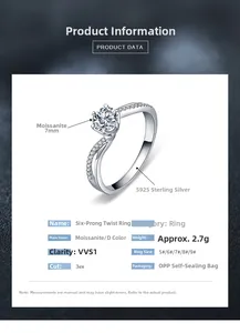 Detailsicht der 925er Silber Moissanit-Ring mit 7mm D-Farbe VVS1 Stein und sechs Krappen