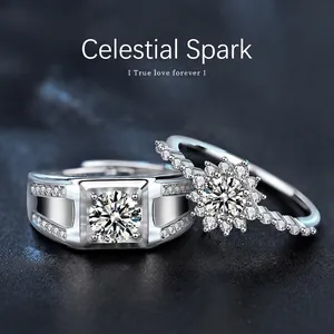 S925 Sterling Silver Moissanite Couple Rings For Women Men Adjustable Open Ring Luxury Jewelry Wedding Valentine's Day Gift