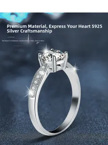 Macro shot of S925 sterling silver ring with classic four-prong moissanite setting