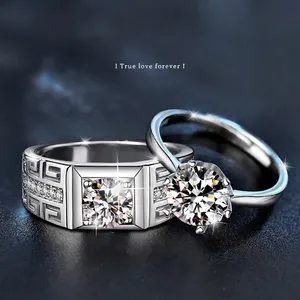 Luxury 925 Sterling Silver Moissanite Couple Rings For Men Women Exaggerated Style Meander Pattern Adjustable Wedding Jewelry