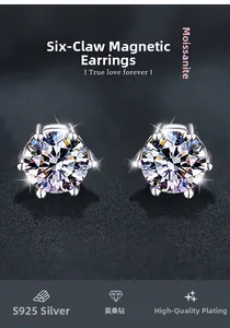 Detail of Moissanite studs with classic six-prong magnetic S925 silver setting