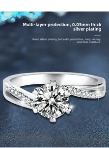 Nahaufnahme von Moissanit-Ring mit 0,03 mm Versilberung und gedrehter Pavé-Ringschiene