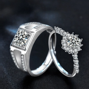 925 Sterling Silver Couple Rings Set with Moissanite Square Cut and Snowflake Design