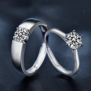 925 Sterling silver couple rings with moissanite in classic 6-prong crown setting