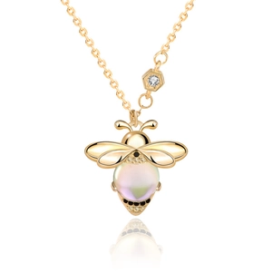 925 silver bee pendant necklace with iridescent bead and gold plating on white background