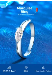 Detailed view of marquise-cut moissanite stone set in S925 sterling silver plated ring