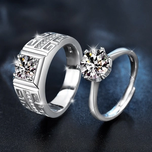 S925 sterling silver couple rings set with moissanite stones and Greek fret pattern