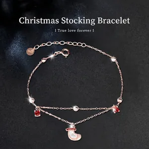 925 Sterlingsilber Weihnachtssocke Armband Für Damen Roségold Doppellagige Perlmutt Rote Zirkonia Festlicher Schmuck Geschenk