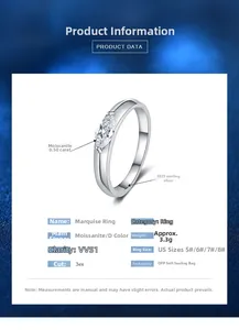 Detailed technical specification table for S925 sterling silver marquise cut ring