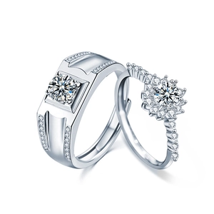 Adjustable 925 sterling silver couple rings with moissanite center stone and pavé setting