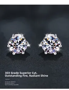 Detail of 3EX grade moissanite stud earrings with 58 facets and six-prong silver setting