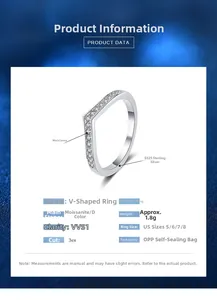 Detail of 925 sterling silver V-ring with D color VVS1 moissanite specifications data