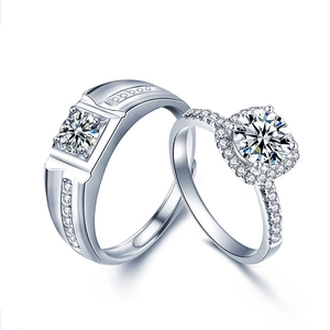 Matching 925 sterling silver couple rings with moissanite and pave diamonds