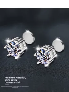 Macro detail of classic six-prong S925 sterling silver magnetic stud earrings with round moissanite