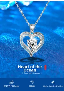 Close-up of S925 silver heart necklace with blue stones and engraved love message