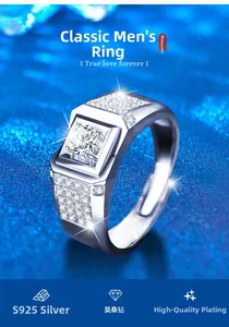 Macro detail of S925 sterling silver ring with square cut Moissanite stones