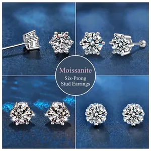 925 Sterling Silver Moissanite Stud Earrings Classic Six-Prong Round Cut Minimalist Sparkly D Color Moissanite Jewelry For Women