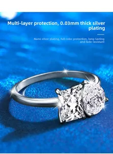 Detail of 925 sterling silver ring featuring pear and square cut moissanite stones