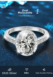 Macro shot of oval cut moissanite ring with halo setting on a star blue background