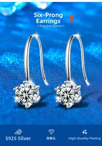 Close-up of classic six-prong moissanite earrings in S925 sterling silver hooks