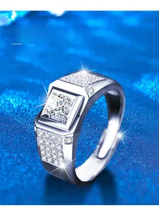Detailed side view of 925 sterling silver square ring with moissanite and 3EX cut stones