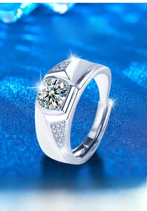 Macro shot of S925 sterling silver men's ring featuring a round Moissanite stone setting