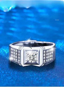 Close-up of 925 sterling silver ring with square moissanite and nano-plating detail