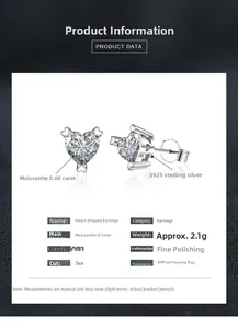 Detail view of heart-shaped moissanite earrings with S925 silver specs and D color VVS1 grade