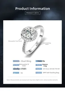 Detailed specs of 7x9mm D Color VVS1 Moissanite ring in S925 sterling silver